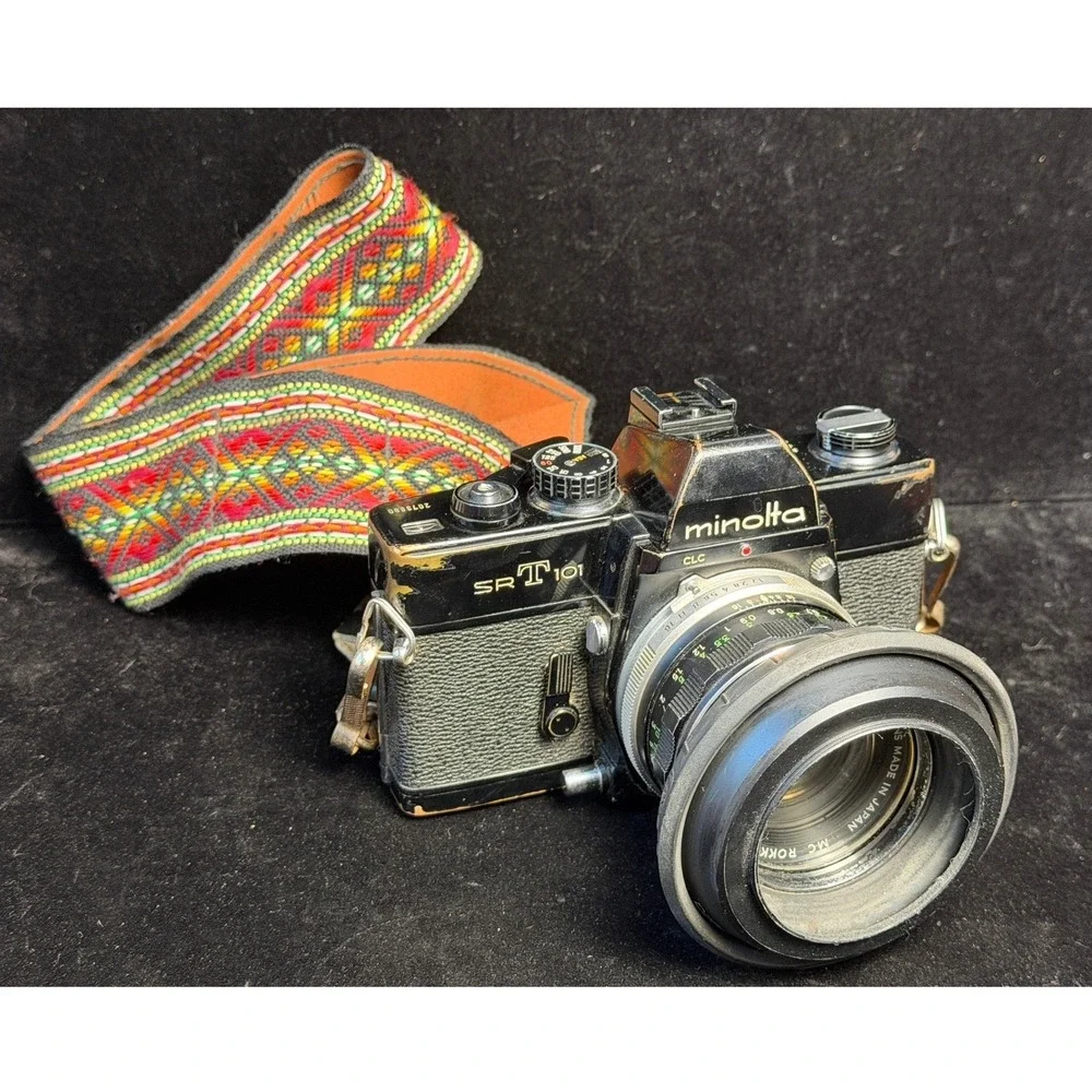 Minolta SRT 101 35mm Film Camera: with 55mm, 28mm, 200mm Lenses, Cases and Strap